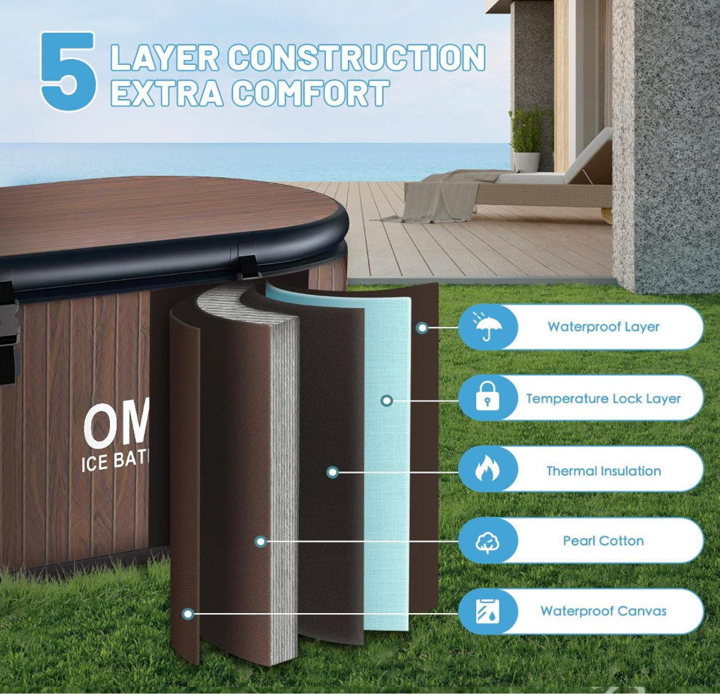 OMK Tina de inmersión en frío, tina de hielo inflable para atletas, bañera de recuperación con capacidad de 212 galones, marrón, material neoprene, instalación independiente, estilo moderno