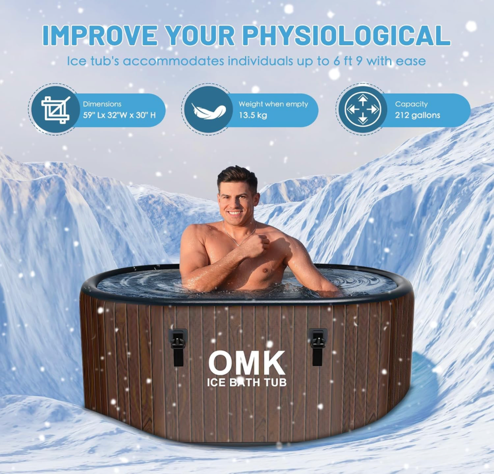 OMK Tina de inmersión en frío, tina de hielo inflable para atletas, bañera de recuperación con capacidad de 212 galones, marrón, material neoprene, instalación independiente, estilo moderno